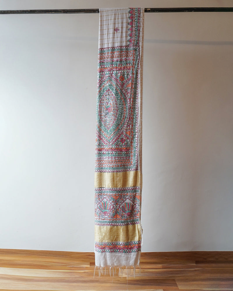 White Madhubani Hand-Painted Saree