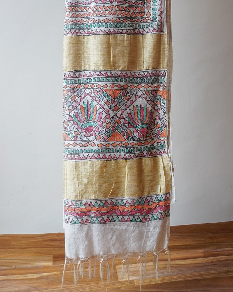 White Madhubani Hand-Painted Saree