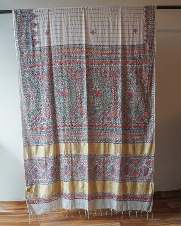 White Madhubani Hand-Painted Saree