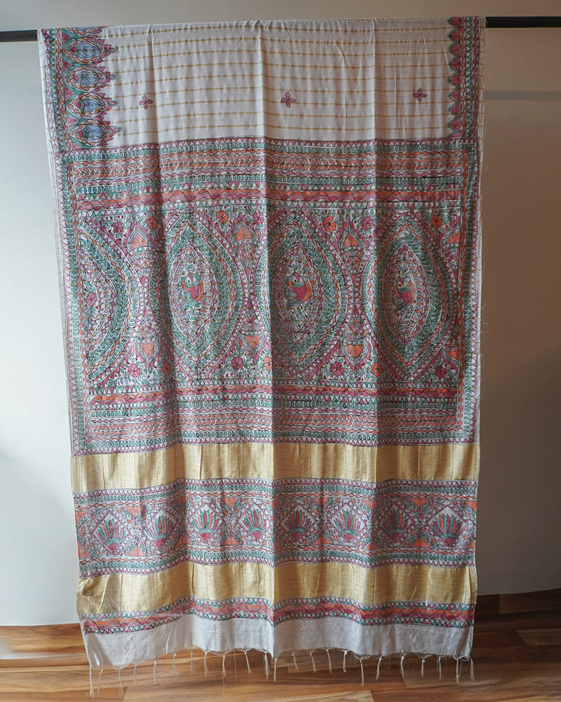 White Madhubani Hand-Painted Saree