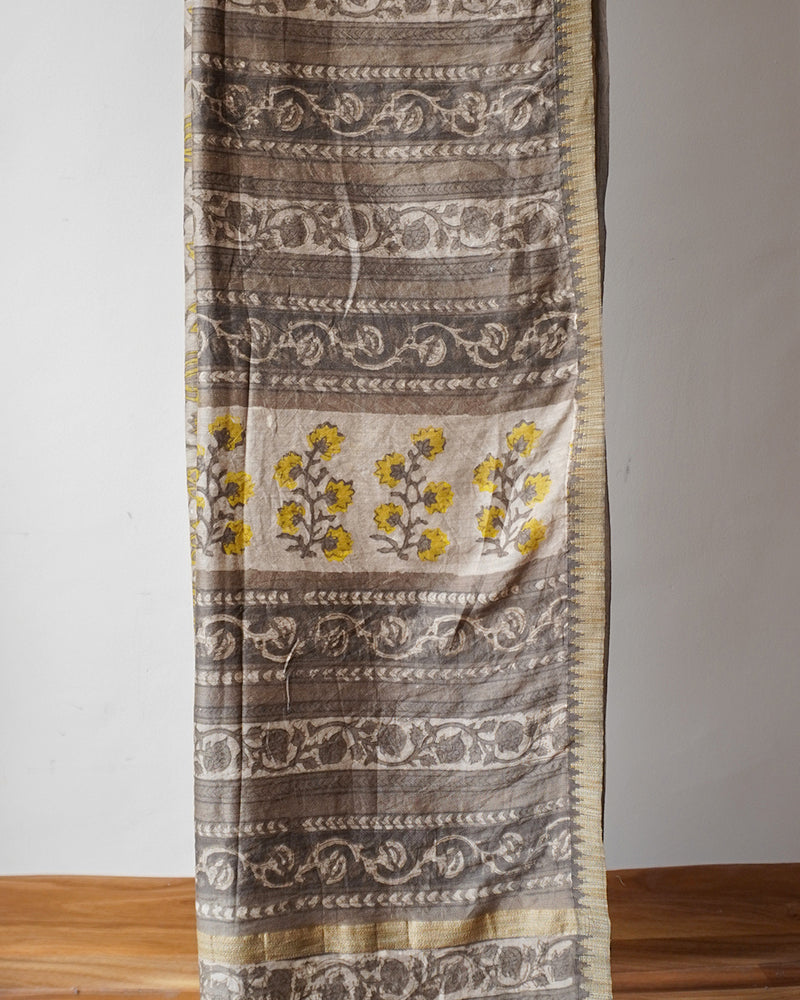 Beige & Black Dabu Block Print Saree