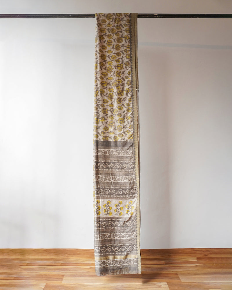 Beige & Black Dabu Block Print Saree