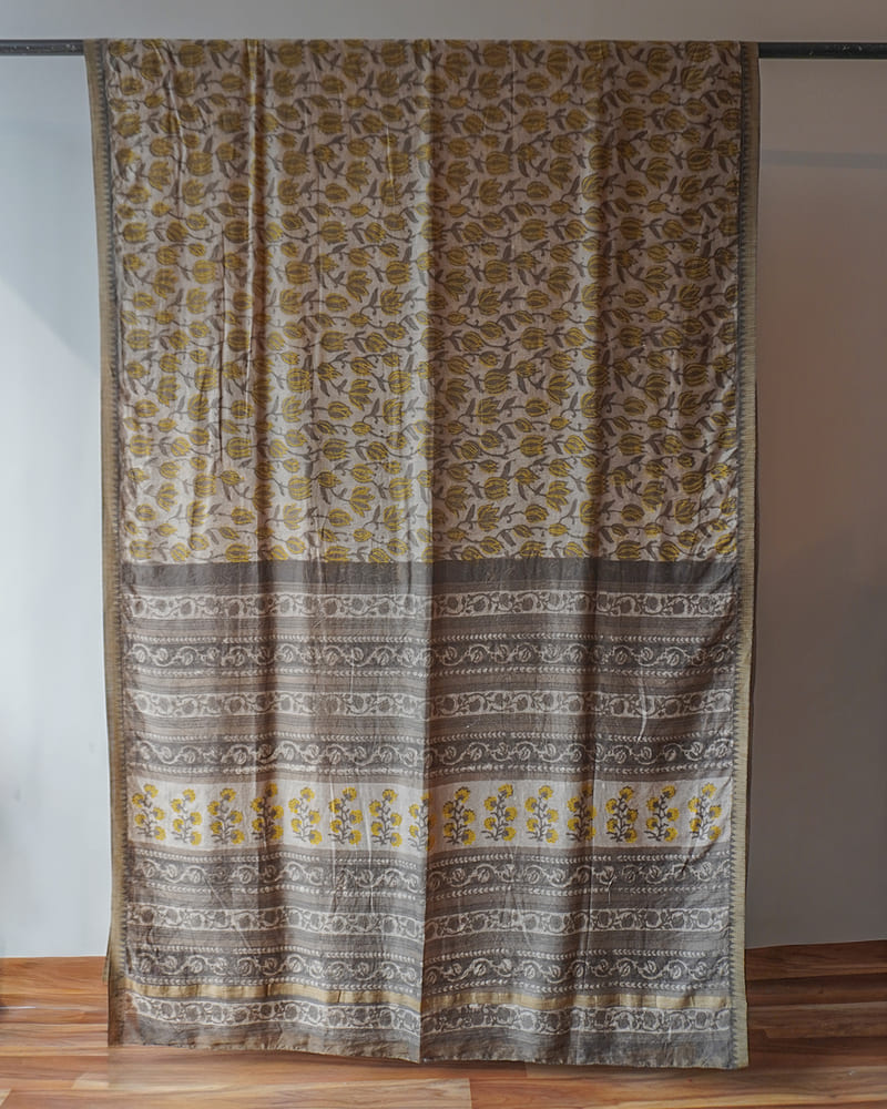 Beige & Black Dabu Block Print Saree