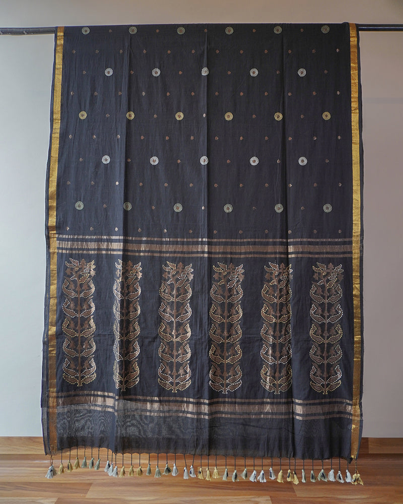 Black Jamdani Chanderi Saree (With Embroidery)