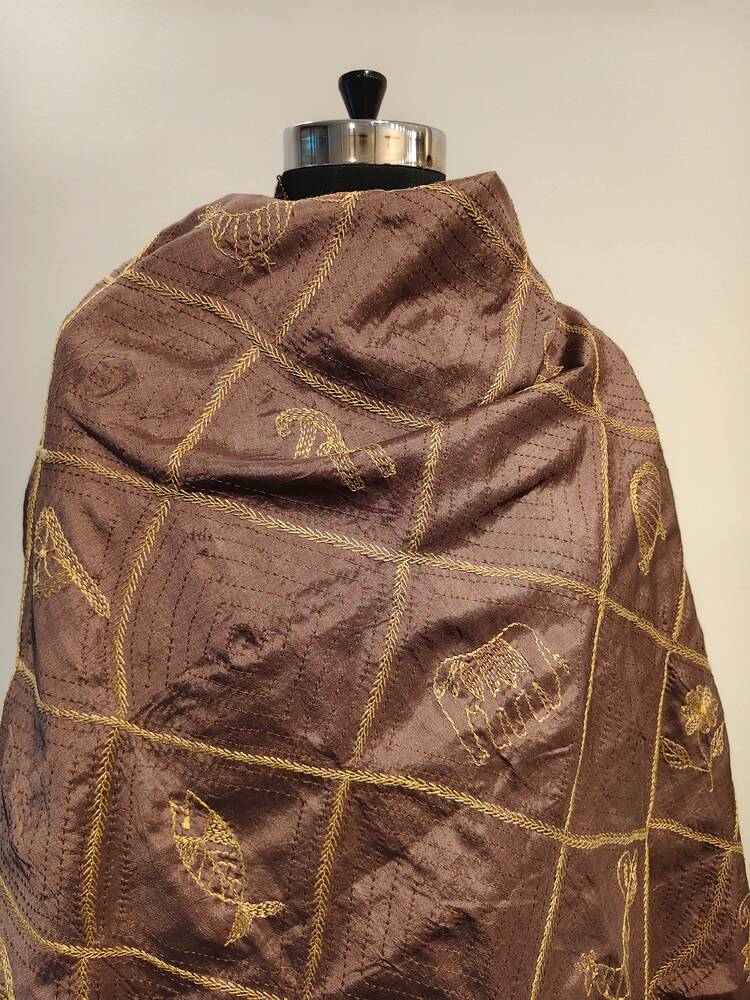 Brown Kantha Embroidered Dupatta