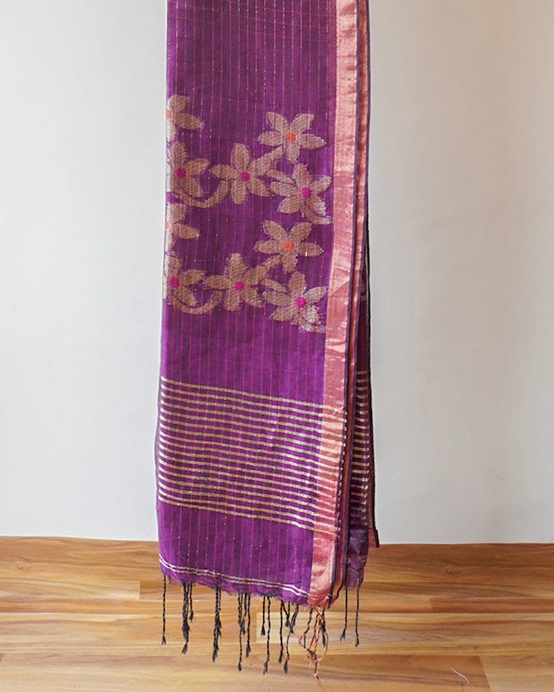 Purple Linen With Jamdani Zari Saree