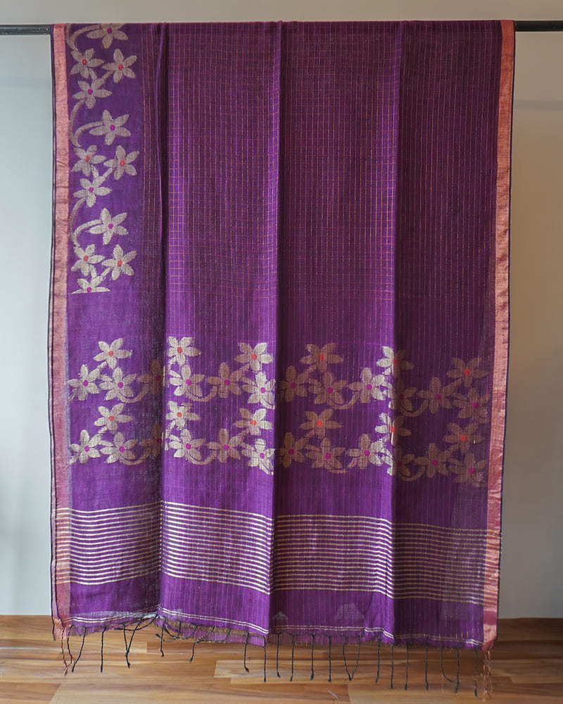 Purple Linen With Jamdani Zari Saree