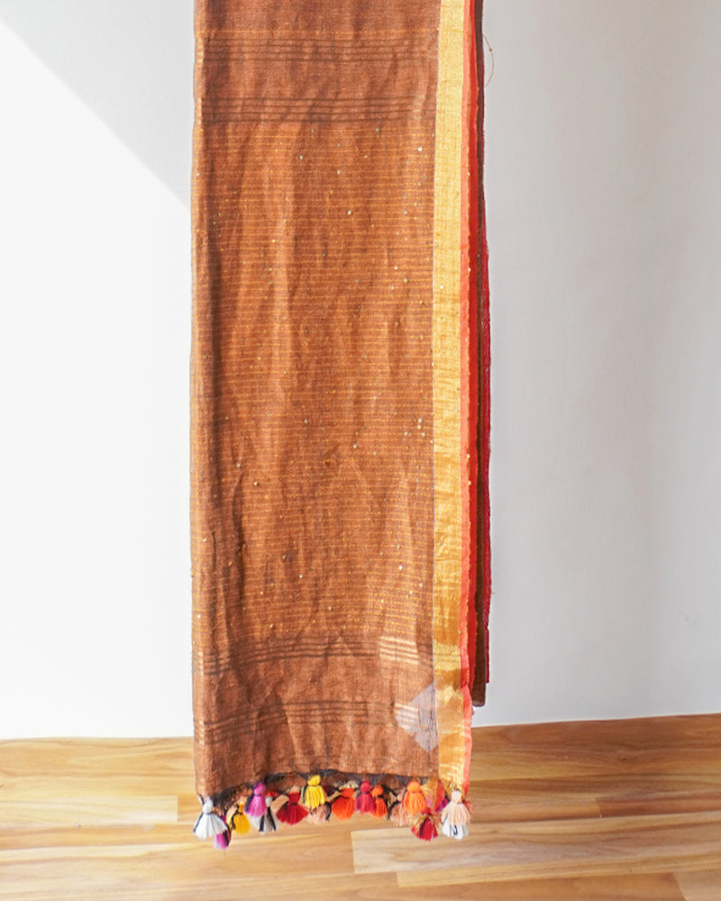 Rust Cotton Linen Saree