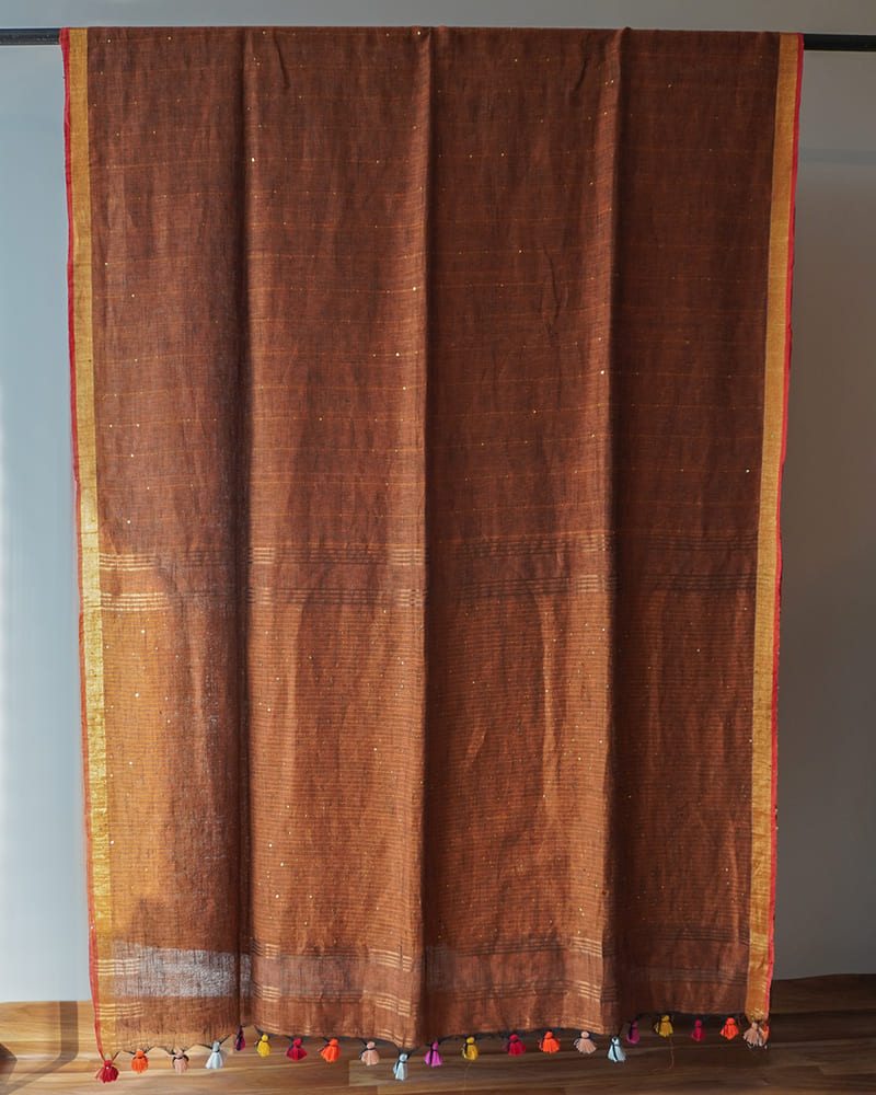 Rust Cotton Linen Saree
