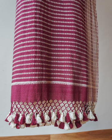 White & Maroon Kala Cotton Mirror Work Bhujudi Saree