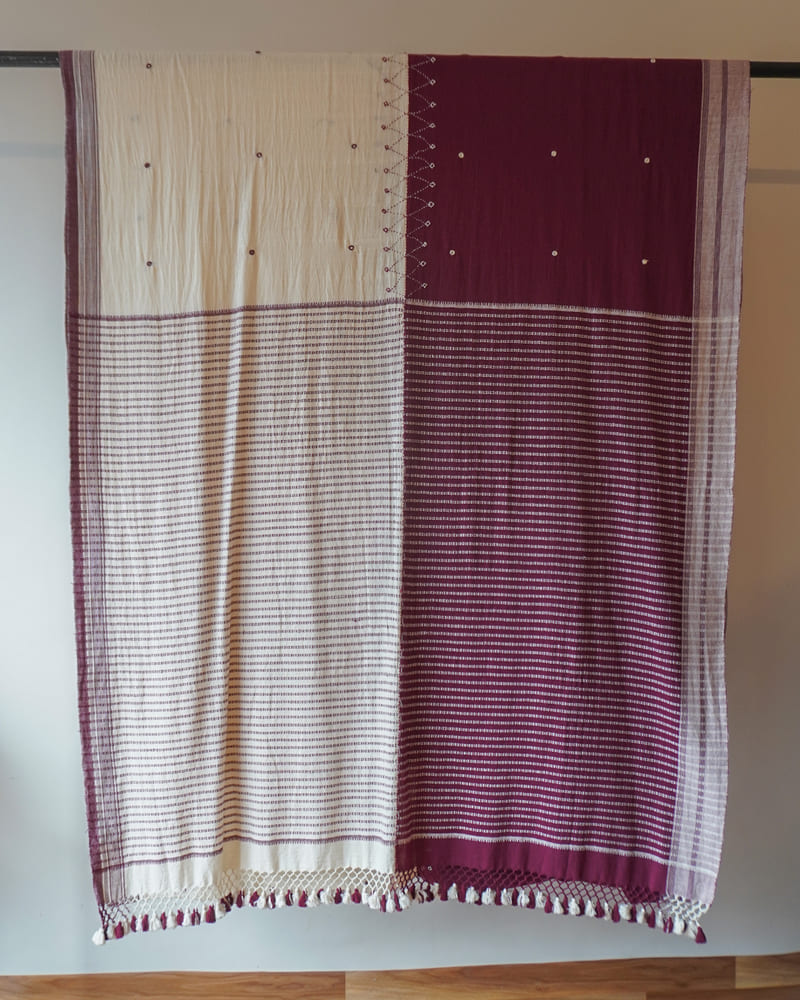 White & Maroon Kala Cotton Mirror Work Bhujudi Saree