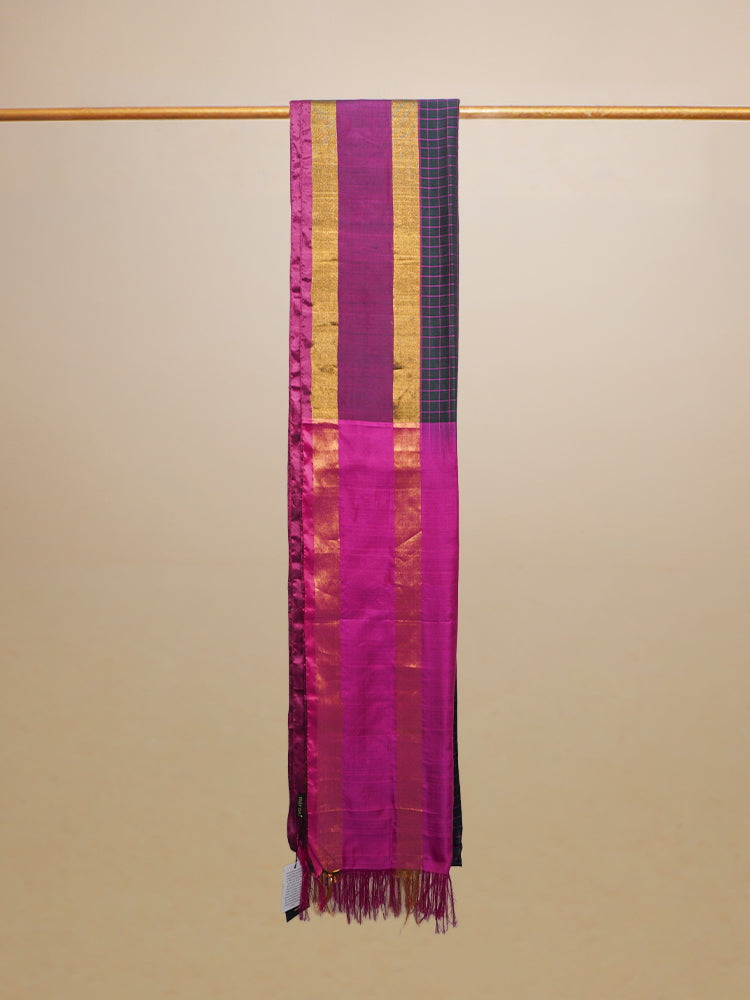 Magenta And Black Checks Silk Saree