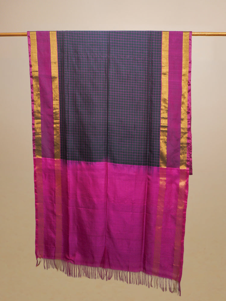 Magenta And Black Checks Silk Saree