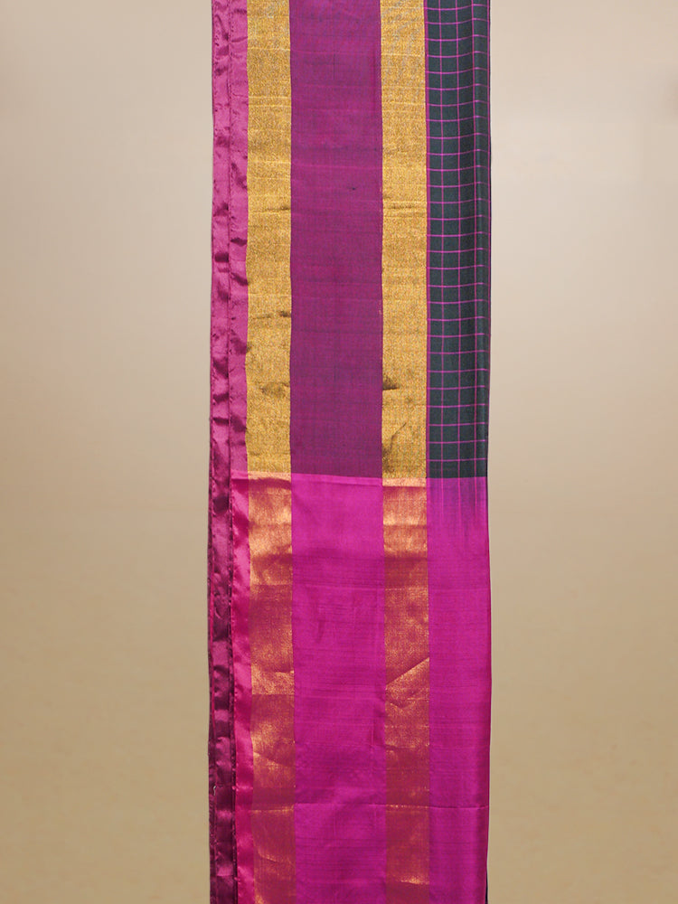 Magenta And Black Checks Silk Saree