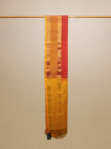 Red And Yellow Silk Check Golden Border Saree