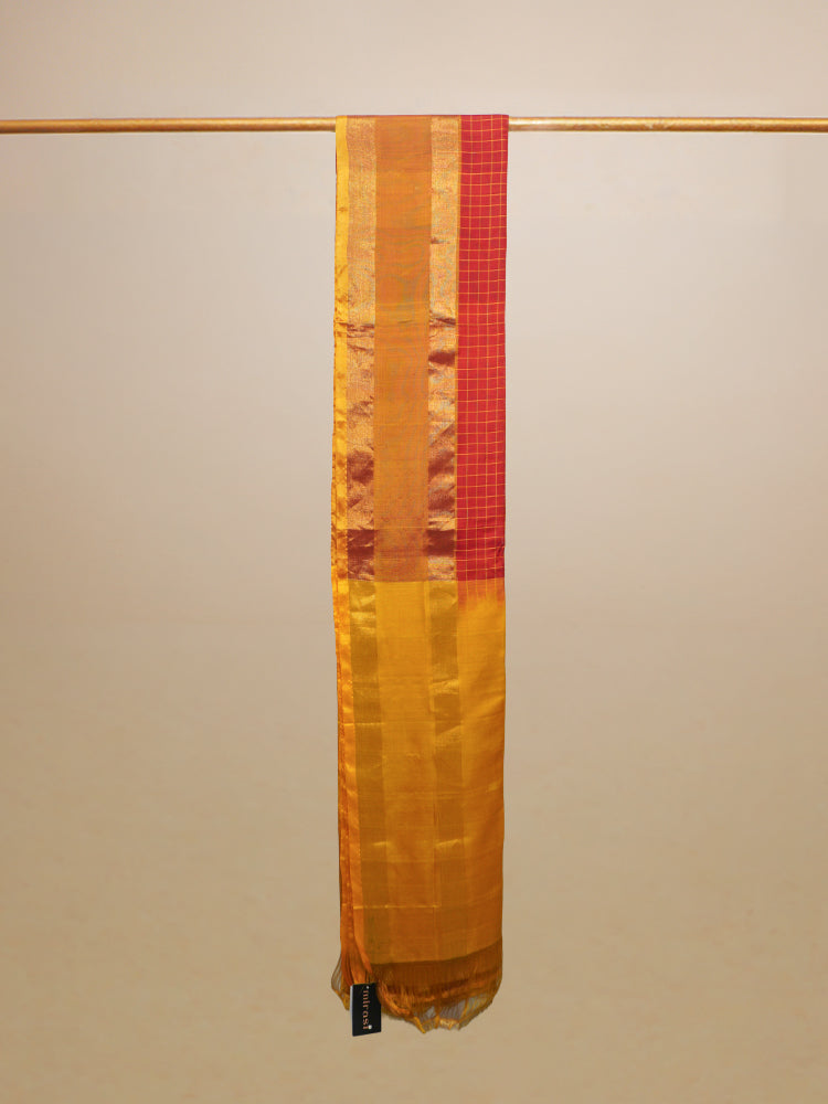 Red And Yellow Silk Check Golden Border Saree