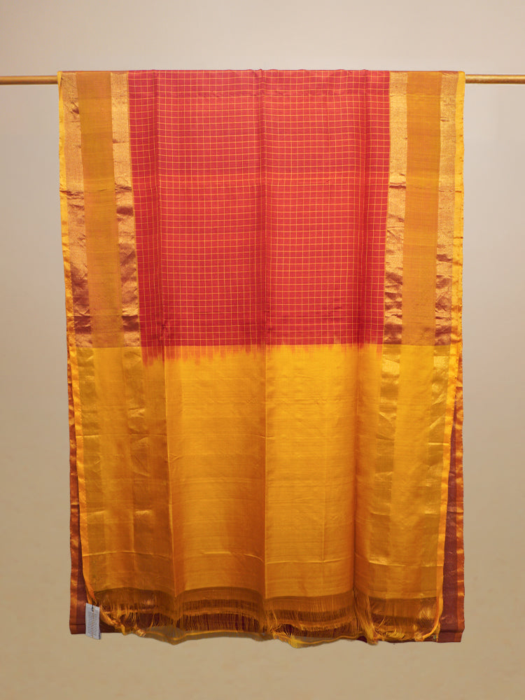 Red And Yellow Silk Check Golden Border Saree