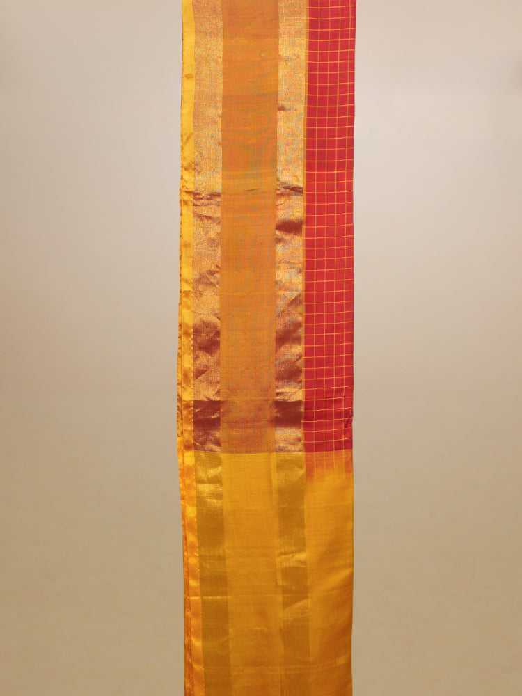 Red And Yellow Silk Check Golden Border Saree