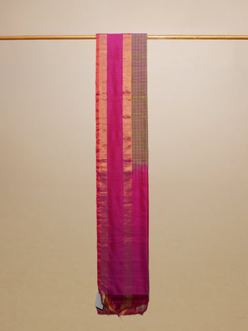Green And Magenta Silk Check Golden Border Saree