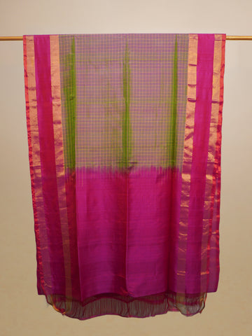 Green & Magenta Checks Handloom Silk Saree