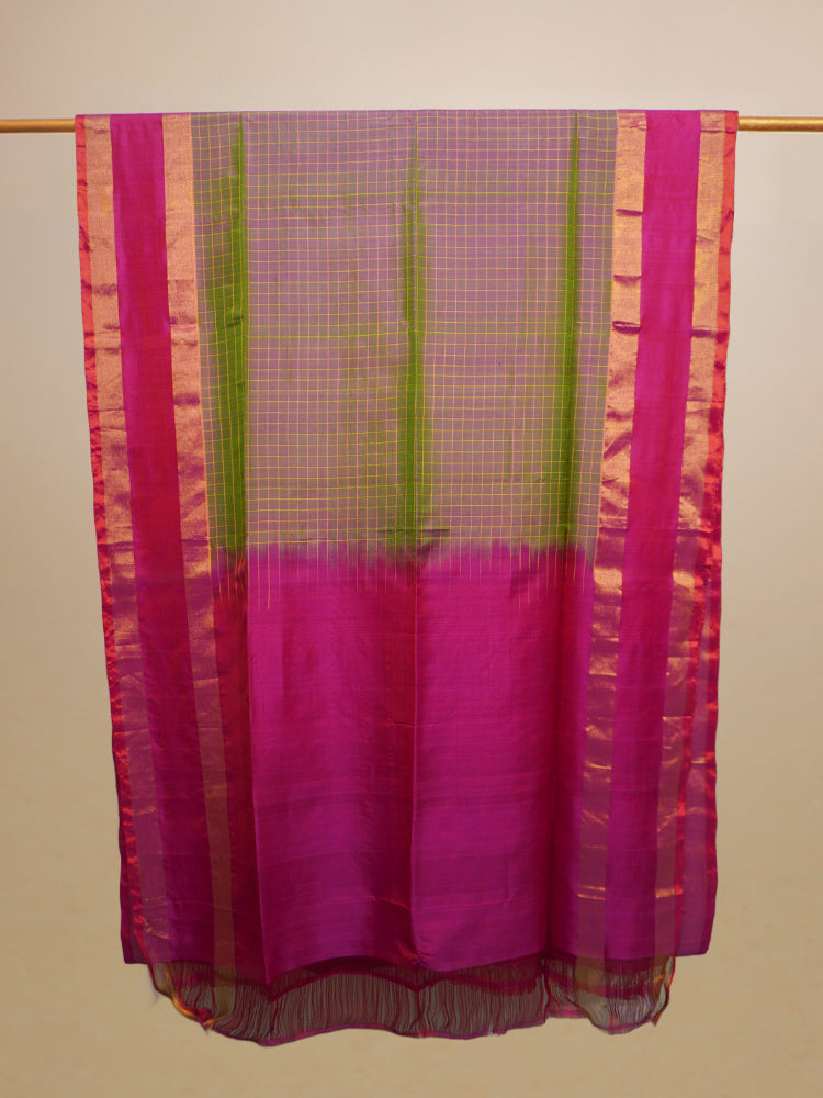 Green And Magenta Silk Check Golden Border Saree