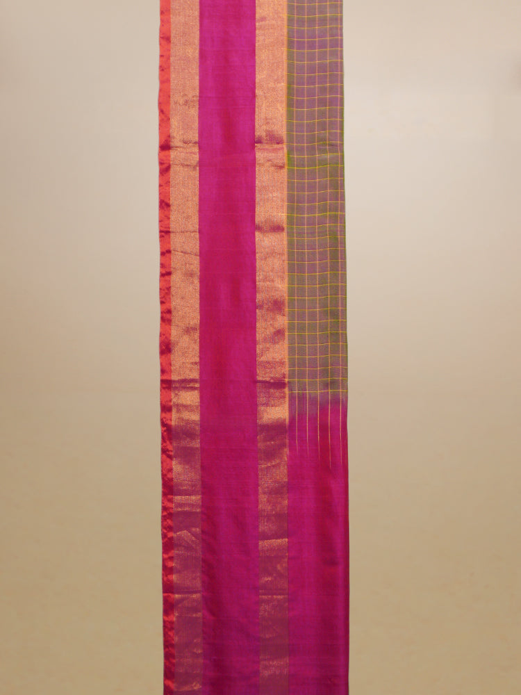 Green And Magenta Silk Check Golden Border Saree