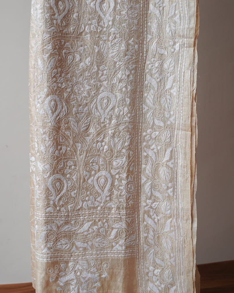 Cream Kantha Silk Saree