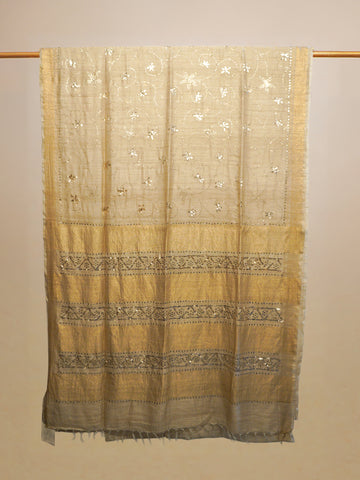 Cream Badla Work Tussar Silk Saree