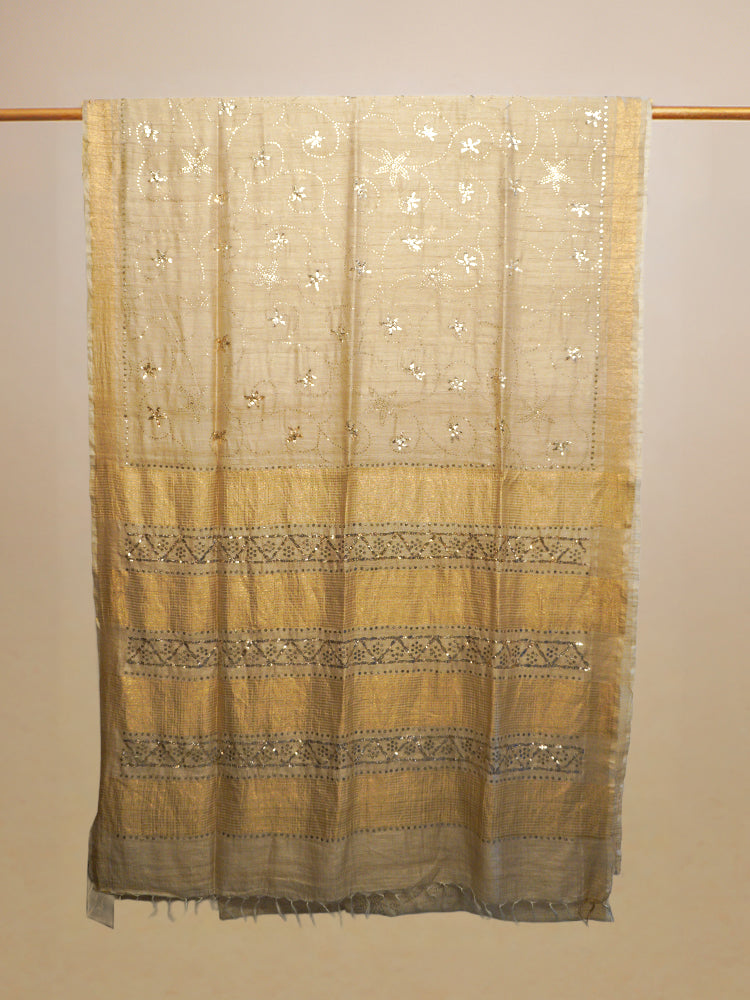 Cream Badla Work Tussar Silk Saree