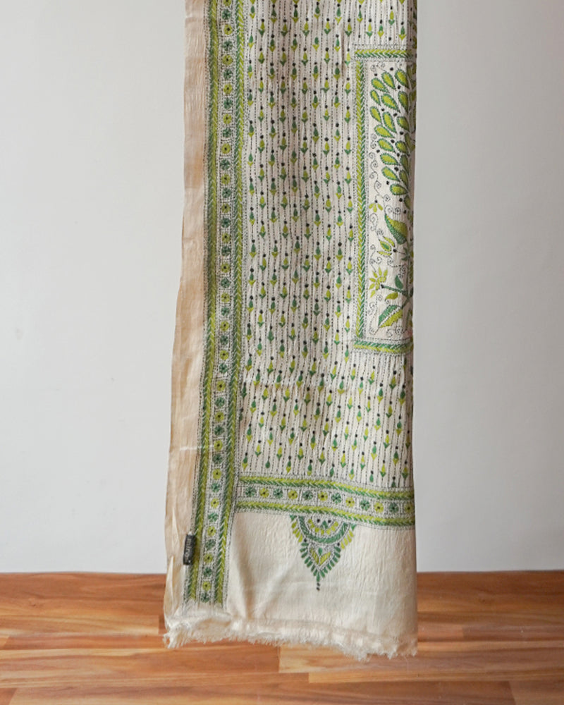 Green and Cream Kantha Silk Saree
