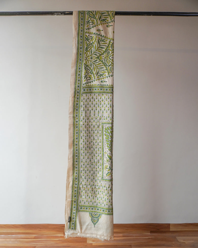 Green and Cream Kantha Silk Saree