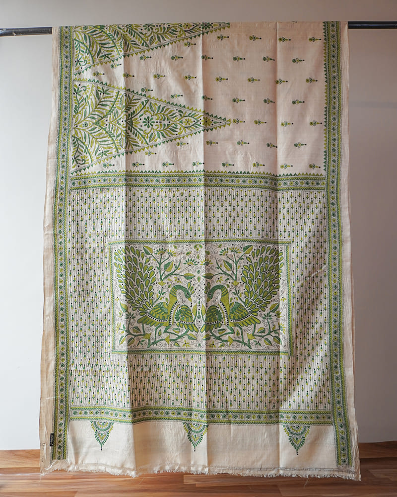 Green and Cream Kantha Silk Saree