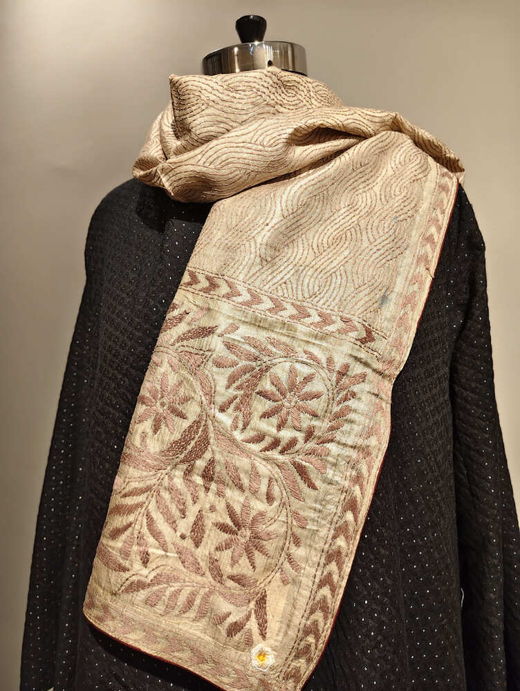 Off White Brown Kantha Stole