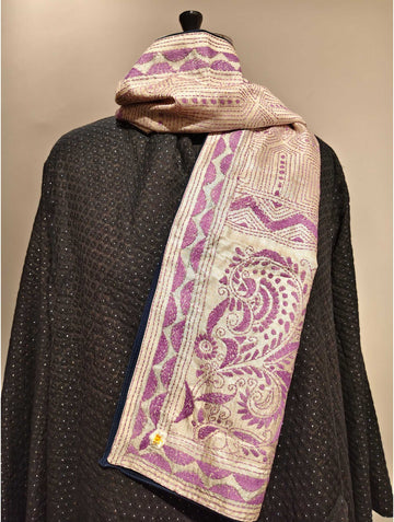Off White Purple Kantha Stole