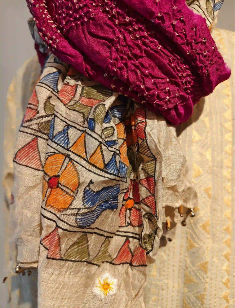 Pink Rai Bandani Madhubani Dupatta