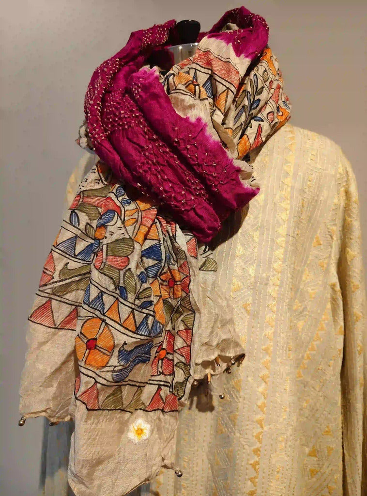 Pink Rai Bandani Madhubani Dupatta