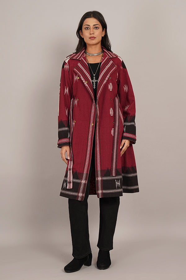 MAROON KOTPAD IKAT COTTON TRENCH JACKET