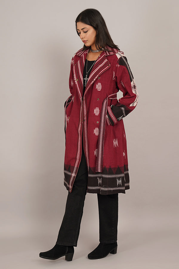 MAROON KOTPAD IKAT COTTON TRENCH JACKET
