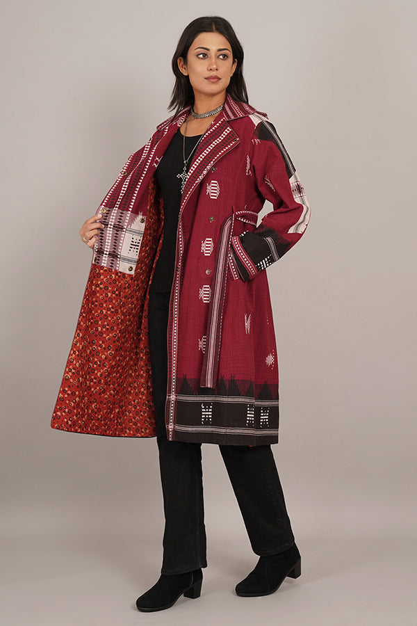 MAROON KOTPAD IKAT COTTON TRENCH JACKET