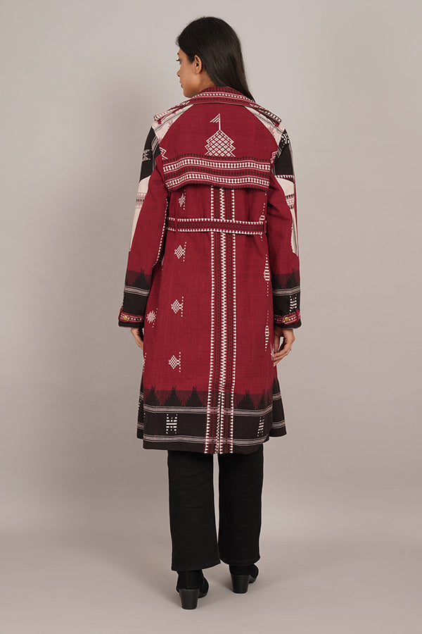 MAROON KOTPAD IKAT COTTON TRENCH JACKET