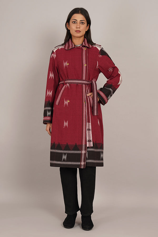 MAROON KOTPAD IKAT COTTON TRENCH JACKET