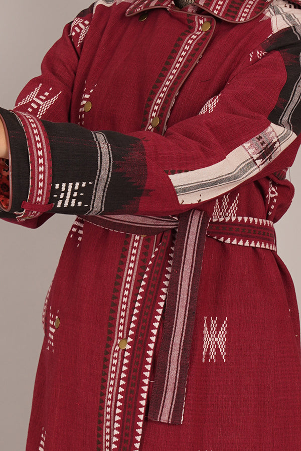 MAROON KOTPAD IKAT COTTON TRENCH JACKET