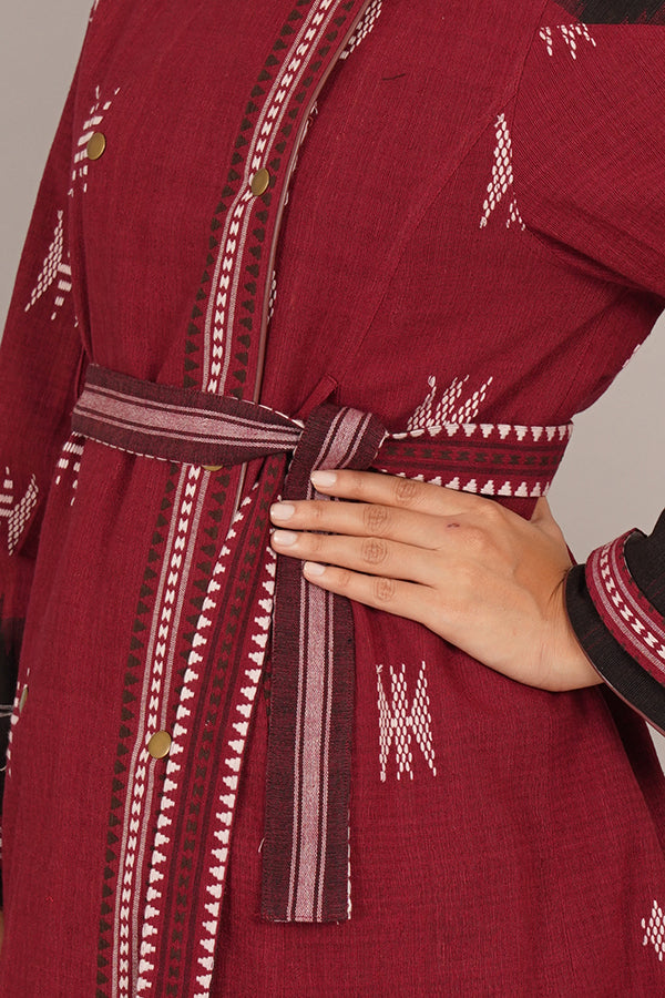 MAROON KOTPAD IKAT COTTON TRENCH JACKET
