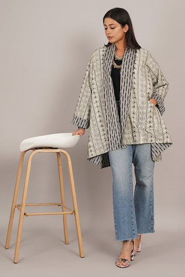 White Kantha & Grey Ikat Cotton Overlay