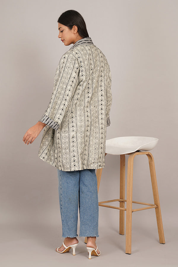 White Kantha & Grey Ikat Cotton Overlay