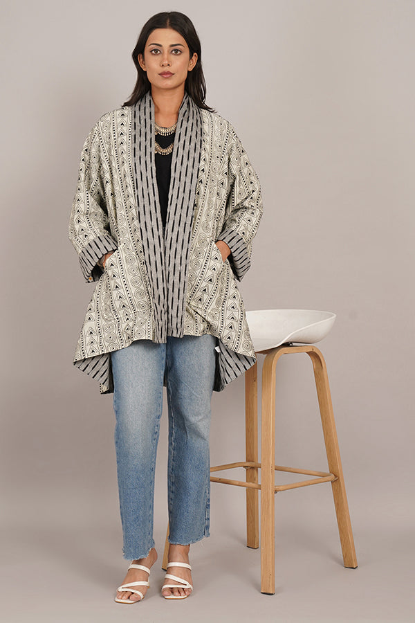 White Kantha & Grey Ikat Cotton Overlay