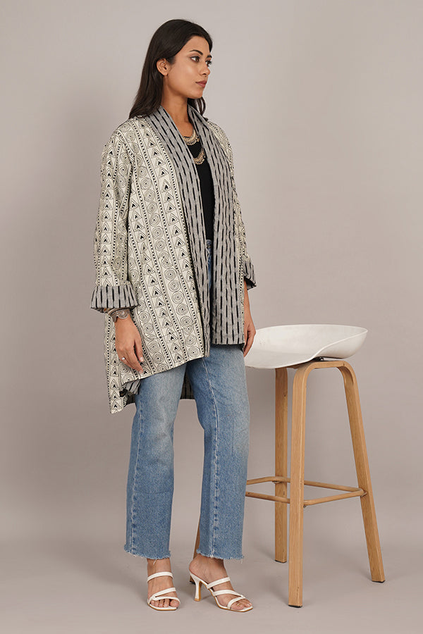 White Kantha & Grey Ikat Cotton Overlay