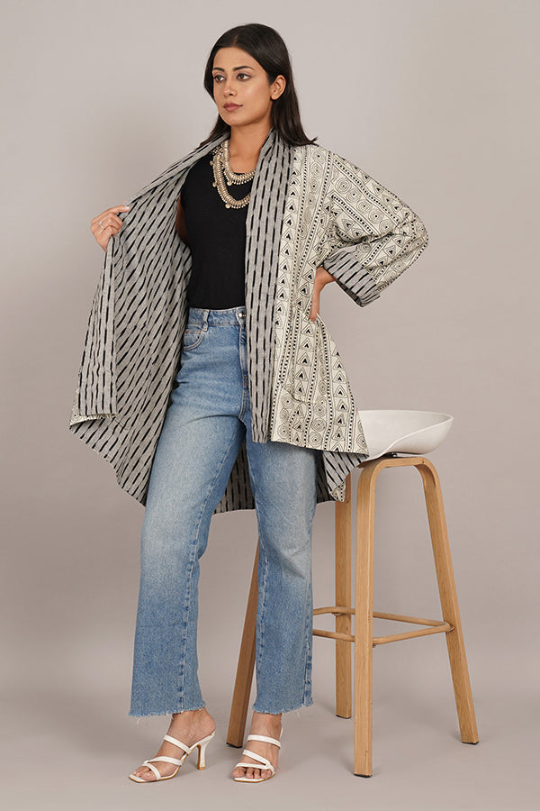 White Kantha & Grey Ikat Cotton Overlay
