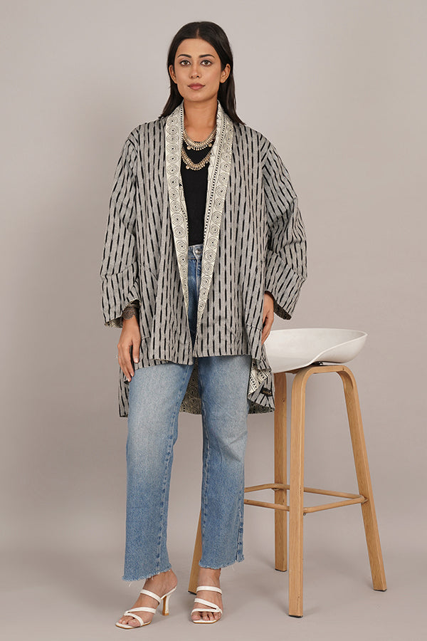 White Kantha & Grey Ikat Cotton Overlay