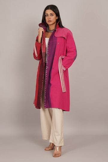 RED PINK BHUJUDI IKAT COTTON TRENCH JACKET